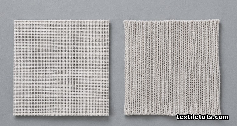 Woven cotton square and knit cotton square laid flat side by side, illustrating the ISO 13934 and ISO 13935 standard families.