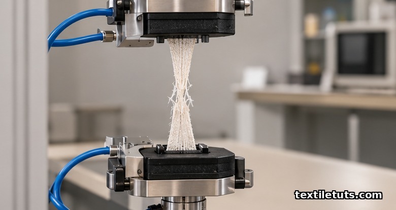 Cotton fabric specimen clamped between upper and lower rubber-faced jaws of a universal testing machine, pulled to near-breaking with visible necking.