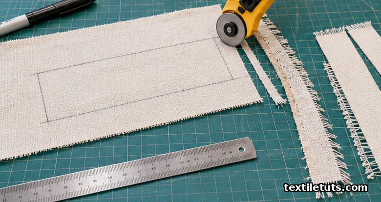 Overhead close-up of woven cotton marked with a 50 by 300 mm rectangle and a rotary cutter trimming fringed yarns from the strip edge.