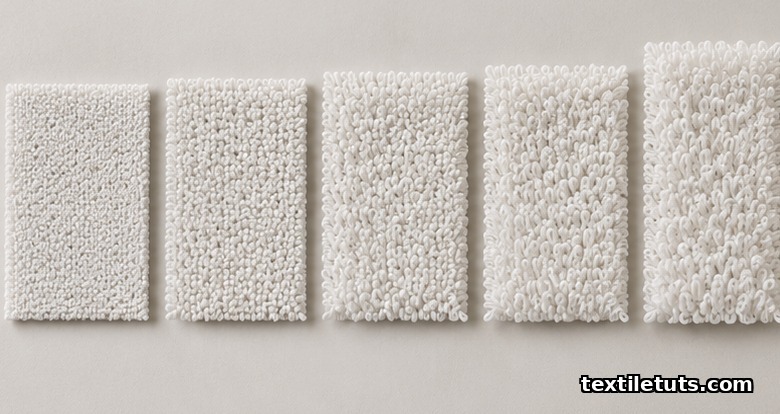 Side-by-side comparison of five terry fabric swatches showing 3-pick to 7-pick loop height and ground weave.