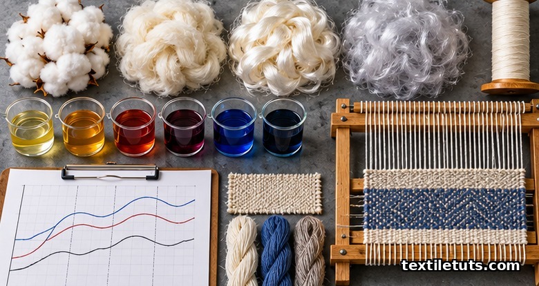 Flat-lay of textile engineering curriculum: natural and synthetic fiber bundles, miniature hand-loom, dye-bath beakers, and statistical control chart on a slate workbench.