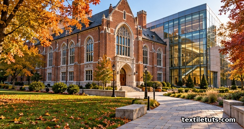 Historic red-brick American textile college campus with modern glass research wing and autumn trees at golden hour.