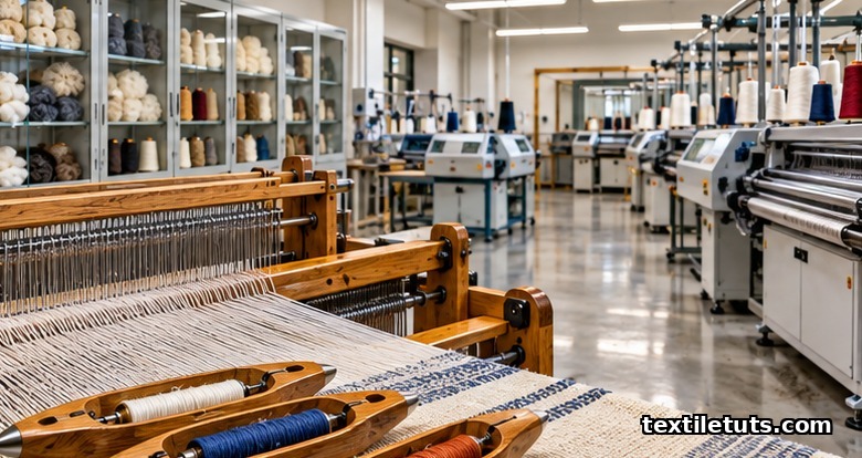 University textile engineering lab with weaving looms, knitting machines, and fiber specimen cabinets under warm overhead lighting.