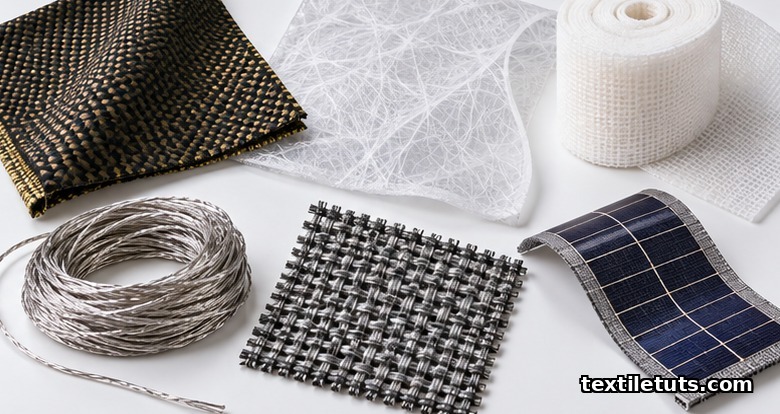Technical textile sample swatches including aramid fabric, nanofiber membrane, wound dressing, conductive yarn, geotextile, and photovoltaic textile on a white surface.
