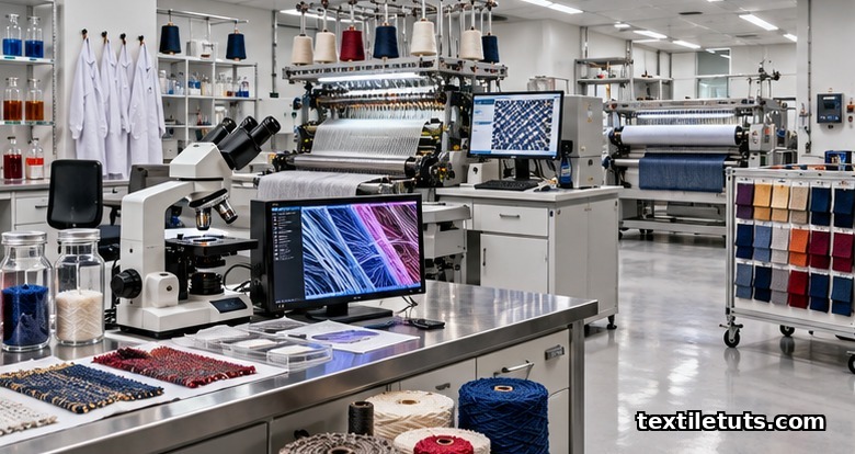 Modern textile engineering teaching lab with knitting machines, weaving looms, polymer testing stations, and a microscope on a white bench.