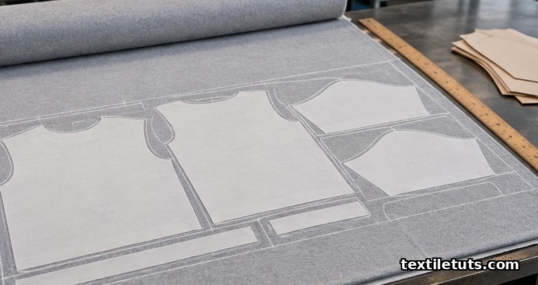 Overhead view of garment pattern pieces nested on unrolled jersey fabric for marker efficiency and consumption calculation.
