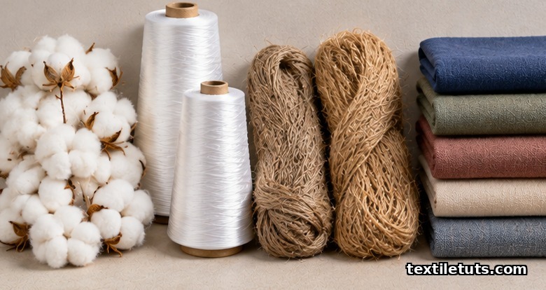 Side-by-side raw cotton bolls, polyester filament yarn spools, jute hanks, and dyed fabric bolts illustrating textile feedstock diversity.