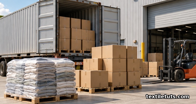 Garment factory loading dock with open shipping container, stacked export cartons, and plastic-wrapped garment bales on a wooden pallet.