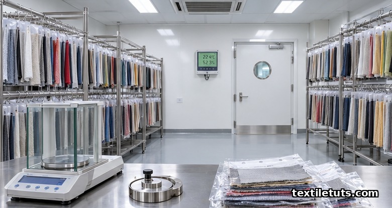 Wide editorial view of a textile testing laboratory with hanging fabric specimen racks, analytical balance, and HVAC monitoring instruments.
