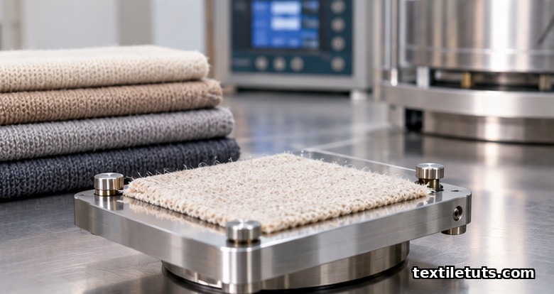 Editorial view of a textile thermal resistance laboratory bench with wool swatch on a guarded hot-plate testing apparatus.