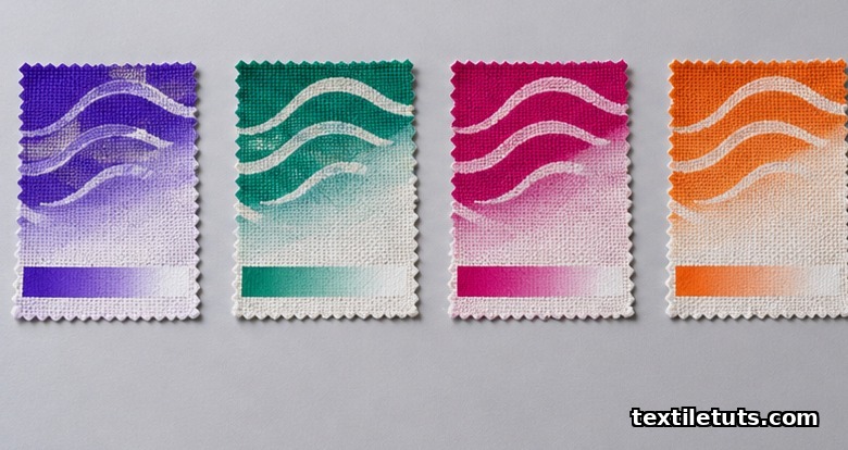 Row of four cotton swatches printed with different activation temperature inks showing color travel across a thermal gradient