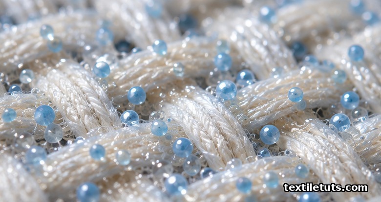 Macro view of woven cotton fibers with spherical thermochromic microcapsules embedded in translucent acrylic binder