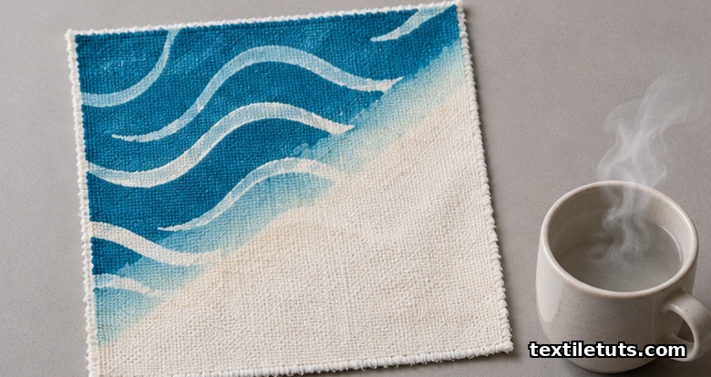 Cotton swatch with thermochromic print transitioning from saturated teal-blue to cream across a thermal activation boundary