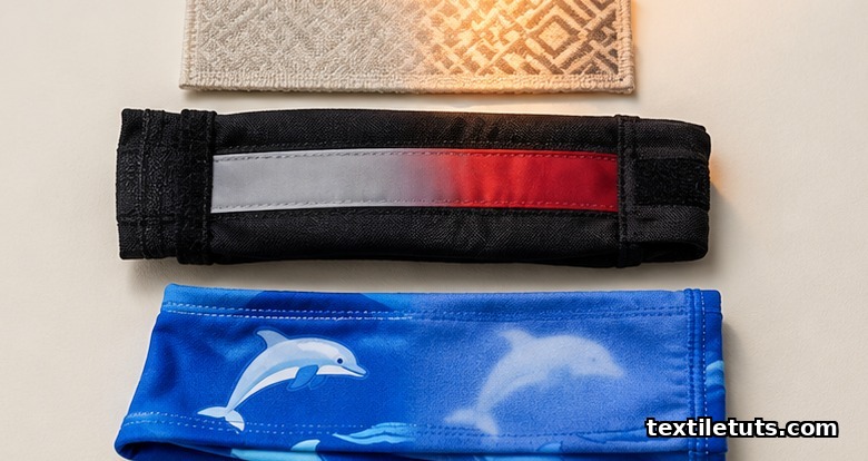 Flat-lay of thermochromic textile applications including a luxury label, firefighter indicator band, and children's swimwear