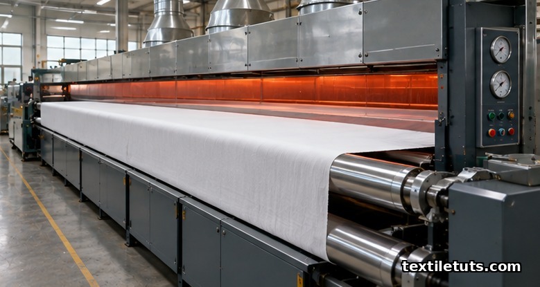 Horizontal stenter thermosol oven with white polyester fabric passing through a heated chamber.