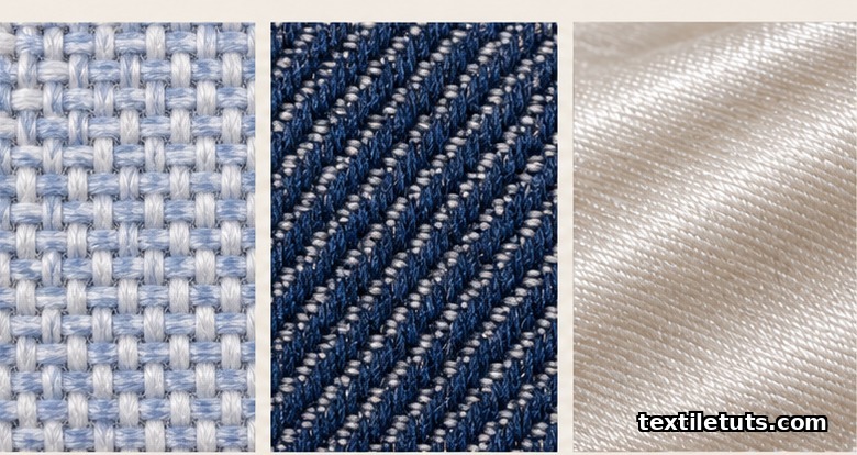 Macro triptych of plain weave oxford, 3/1 twill denim, and 5/1 satin weave structures shown side by side at identical magnification.