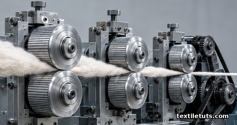 Three sequential pairs of fluted metal drafting rollers pulling a thick cotton sliver and thinning it into yarn at increasing speeds.