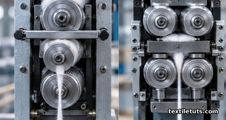 Side-by-side comparison of a three-roller pressure-bar drafting assembly and a four-roller double-apron drafting assembly processing cotton roving.