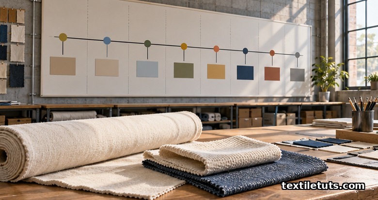 Textile production planning board with milestone timeline and fabric swatches in a factory setting.