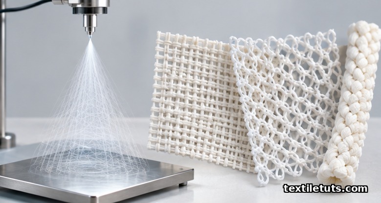 Electrospinning apparatus drawing polymer nanofibers onto a collector with woven and knitted textile structures nearby.