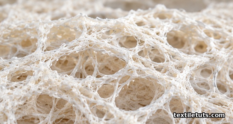 Cross-section view of a porous tissue engineering scaffold with visible interconnected fiber network and void spaces.