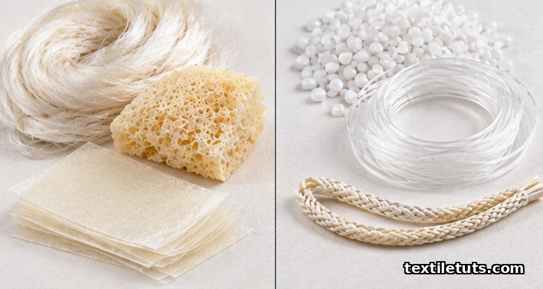 Natural polymer samples including silk fibroin and collagen alongside synthetic biopolymer pellets and filaments.