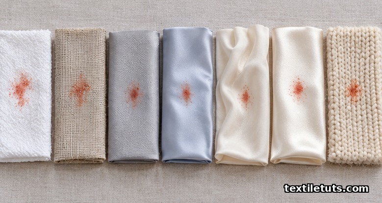 Cotton, linen, polyester, nylon, rayon, silk, and wool swatches, each with a small tomato sauce stain.