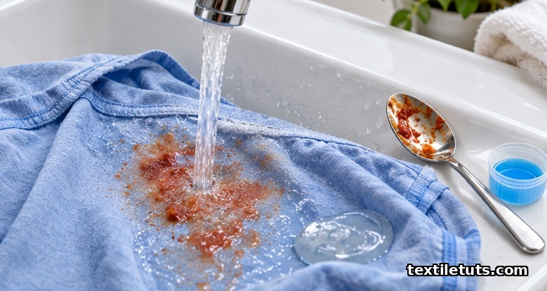 Inside-out t-shirt under cold running water with spoon, dish soap, and enzyme detergent for tomato stain removal.