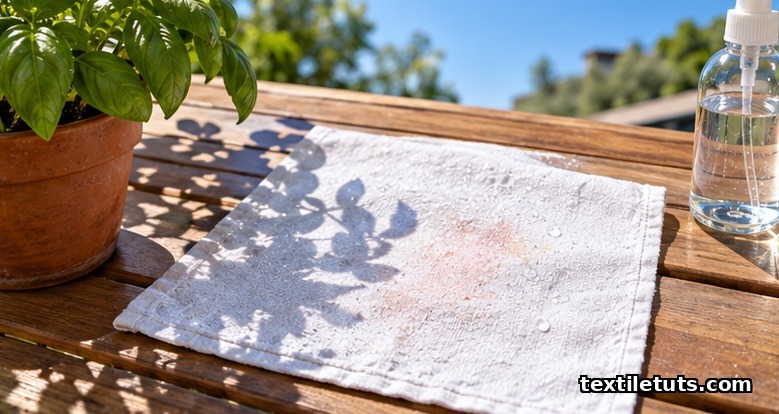 Damp white linen napkin with a faint pink tomato stain drying flat in direct midday sunlight to bleach lycopene.