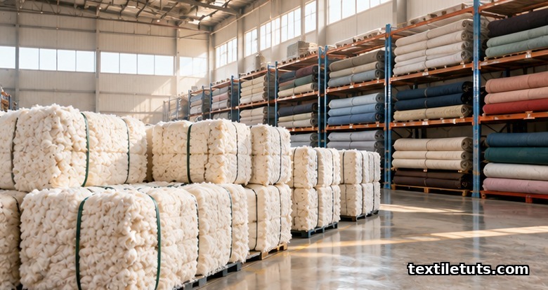 Stacked raw cotton bales in a textile warehouse with colorful fabric bolts behind, symbolizing global textile manufacturing.