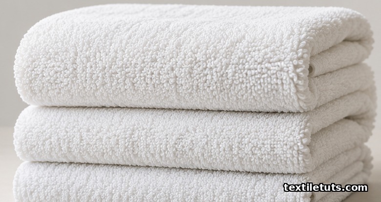 Plush folded white cotton terry bath towel stack showing thick loop pile texture under soft studio light.