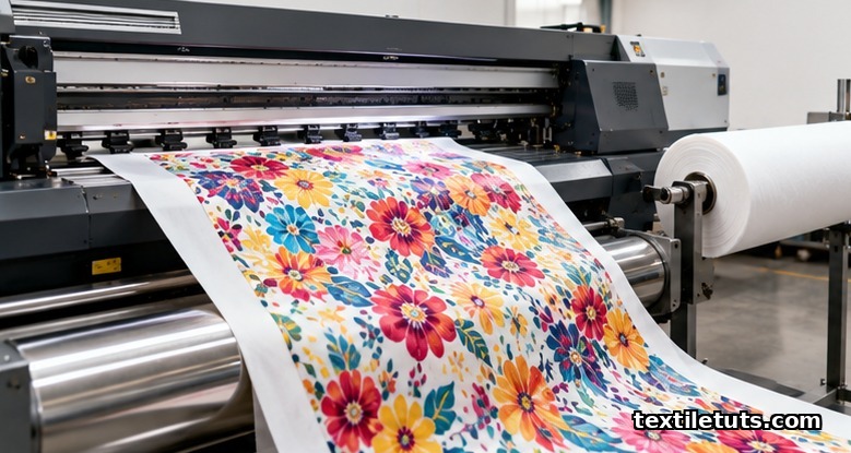 Digital sublimation printer feeding printed carrier paper onto a heated calender with white polyester fabric, editorial textile studio shot.