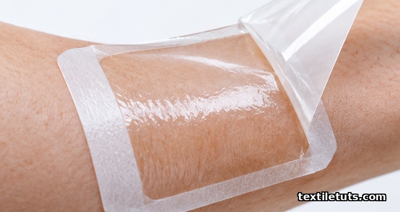 Close-up of a thin transparent polyurethane film dressing applied to skin, showing the clear membrane and adhesive border.