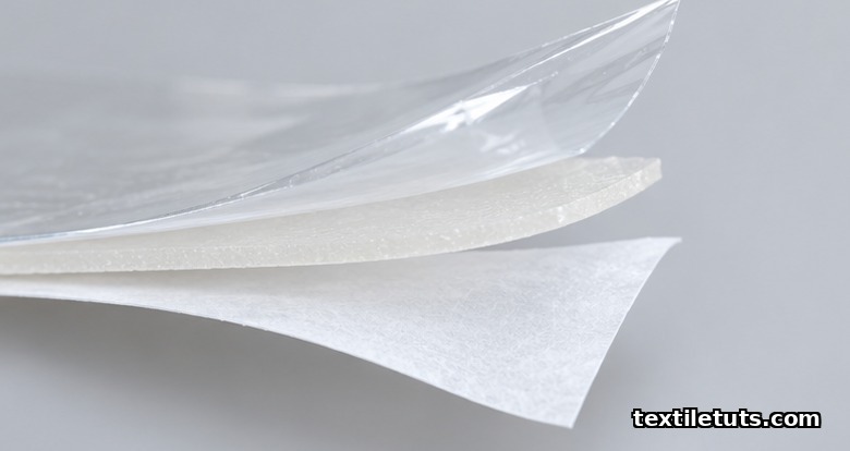 Cross-section of a transparent film dressing showing the polyurethane membrane, acrylic adhesive layer, and release liner.