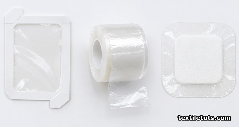 Top-down view of three transparent film dressing formats: framed, roll, and island style on a white surface.