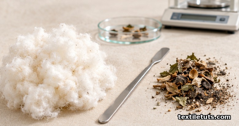 Cotton fiber tuft beside separated trash particles on a lab balance, illustrating Shirley Analyzer trash measurement.