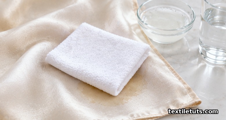 White cotton cloth blotting a small oily stain on a cream silk scarf next to dish soap and cold water
