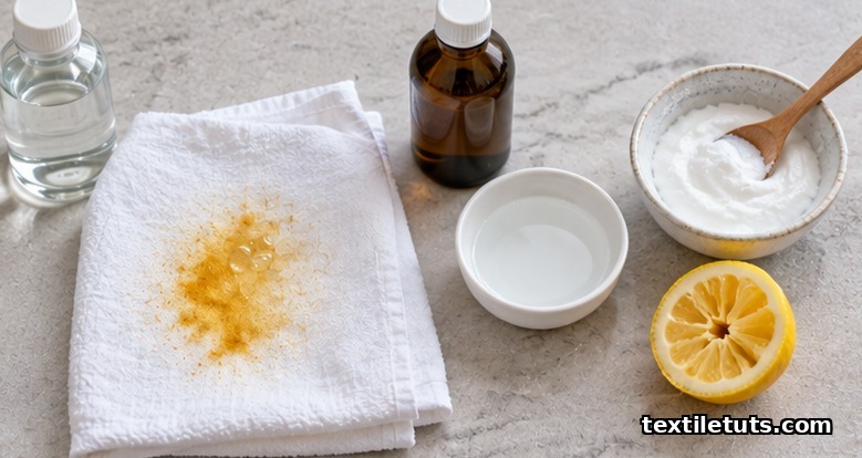 Turmeric-stained linen napkin with glycerin, hydrogen peroxide, baking soda paste and lemon as stain removal alternatives