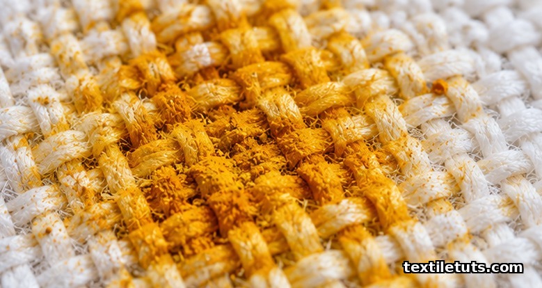 Macro close-up of turmeric curcumin pigment soaked into the woven yarns of white cotton fabric