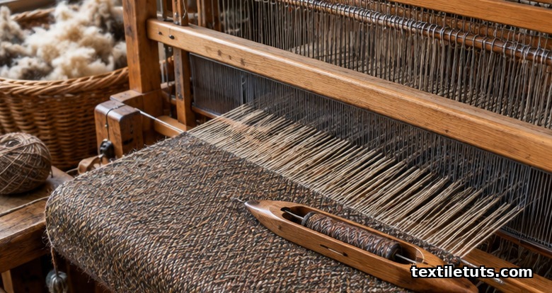 Close-up of a traditional handloom weaving woolen tweed, with warp threads, weft yarn, and partially woven cloth visible.