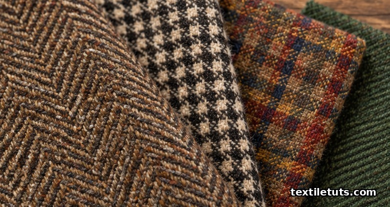 Macro still-life of overlapping tweed samples showing herringbone, houndstooth, gun club check, and plain twill weave textures.