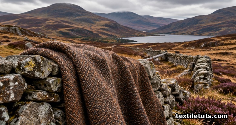 Traditional tweed fabric draped on a dry-stone wall in the Scottish Highlands, conveying the cloth's rugged outdoor heritage.