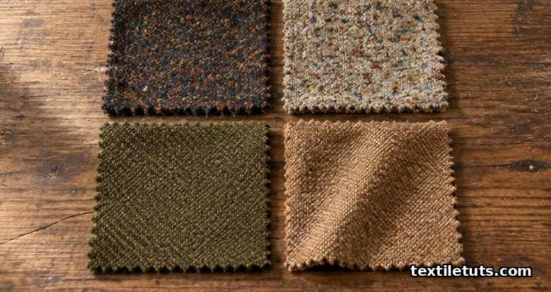 Four tweed fabric swatches laid out on a workbench comparing Harris, Donegal, Cheviot, and Saxony tweeds in different colors.