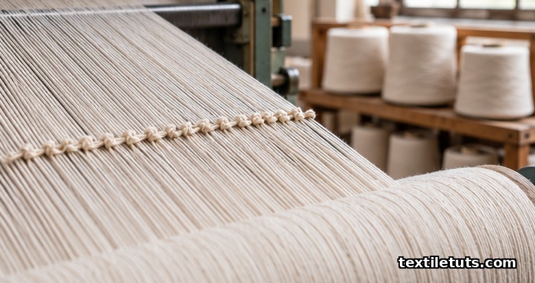 Close-up of a fresh warp beam joined to an existing loom warp with a row of tying-in knots across the warp sheet.