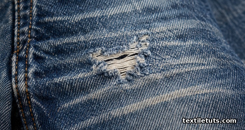 Distressed denim panel showing abrasion lines, a small frayed hole, indigo worn through to ecru weft at thinned stress points.