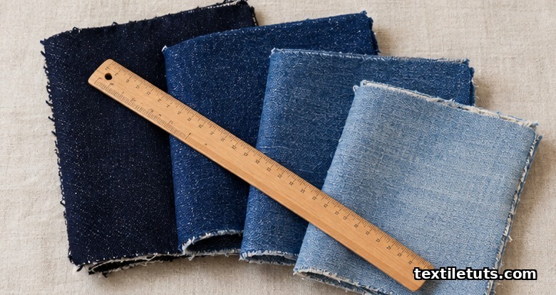 Four folded indigo denim swatches in varying shades from dark raw to faded arranged on linen, showing the range of denim types.