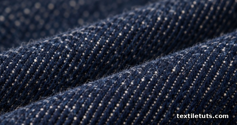 Macro close-up of dark raw unwashed indigo denim showing the 3/1 twill weave and stiff mill-pressed creases.