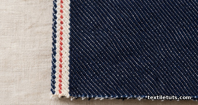 Close-up of the self-finished selvedge edge of shuttle-loom denim with contrasting diagonal weave alongside the indigo warp.