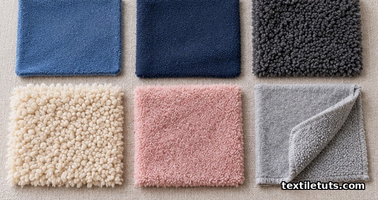 Swatches of fleece fabric types including micro, polar, heavyweight, sherpa, coral fleece and French terry on linen