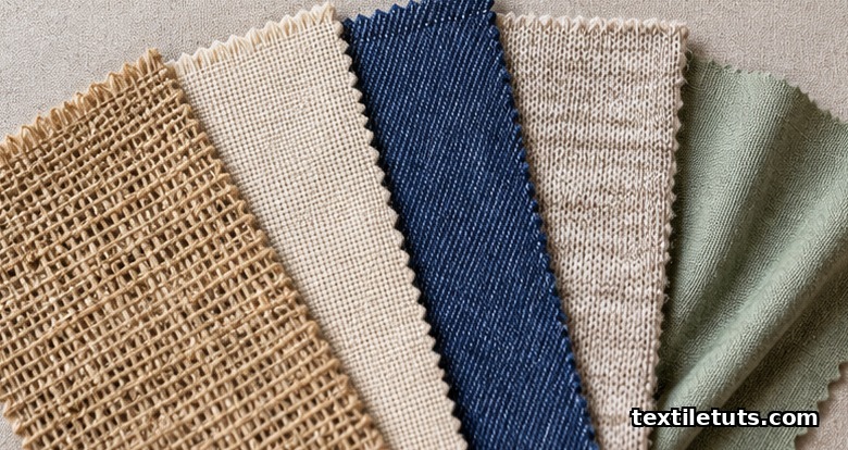 Swatches of raw hemp, hemp canvas, hemp denim twill, hemp jersey knit and hemp lyocell blend fabric